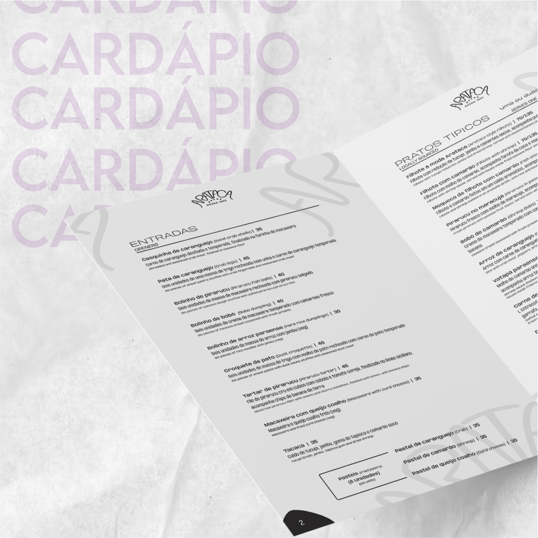 Cardápio restaurante Arataca